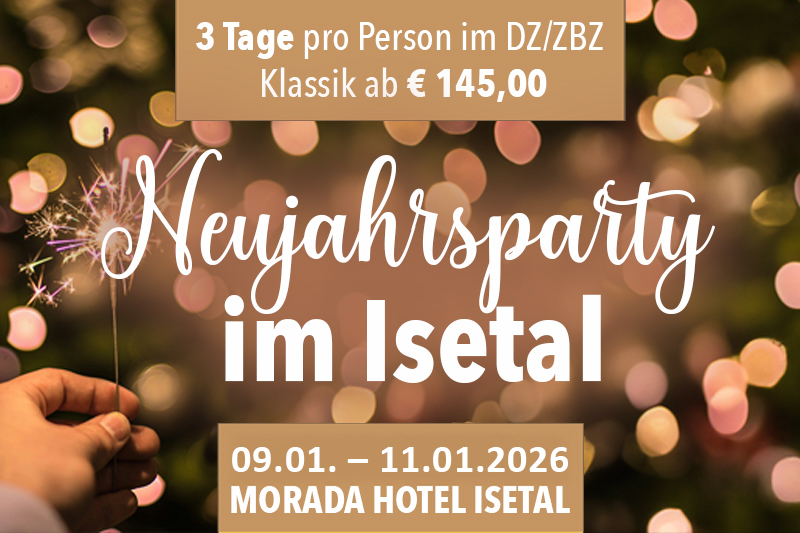 Ankündigungsposter für Neujahrsparty im Isetal, 10.-12. Januar 2025, Kosten ab 145 Euro pro Person.