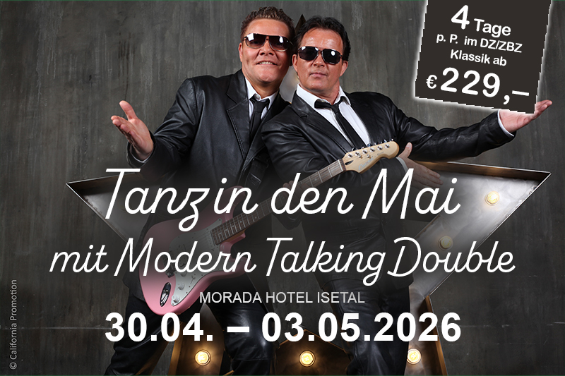 Werbebild für eine Tanzveranstaltung im Morada Hotel Isetal vom 01.05. bis 04.05.2025 mit Live-Musik von 'Buffy and his Boys'.