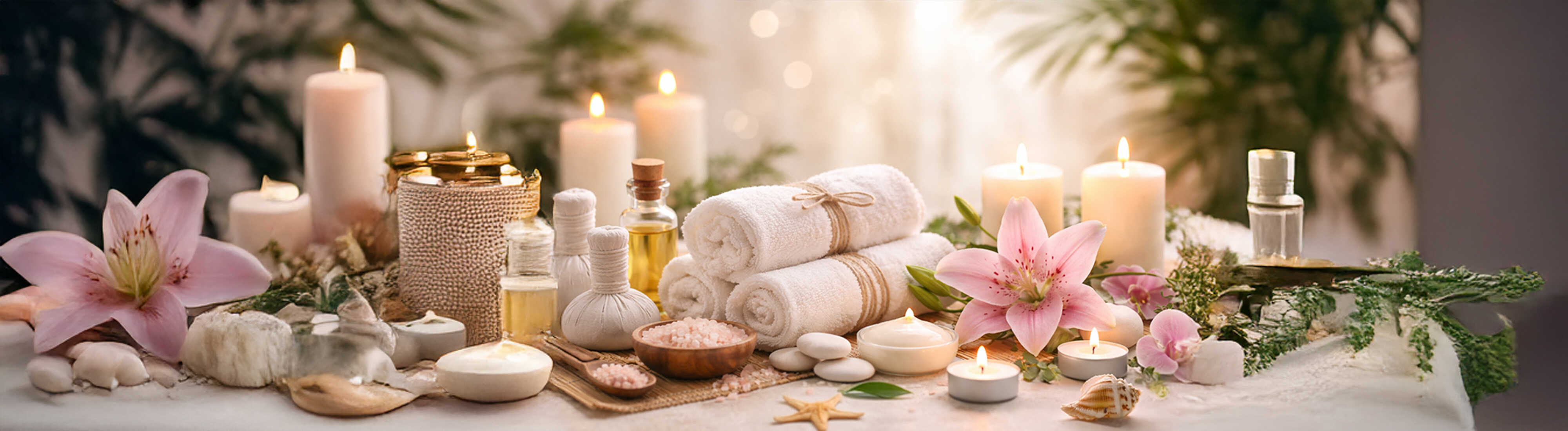 Braunes Handtuch mit weißen Orchideen, Bimsstein und brennender Kerze